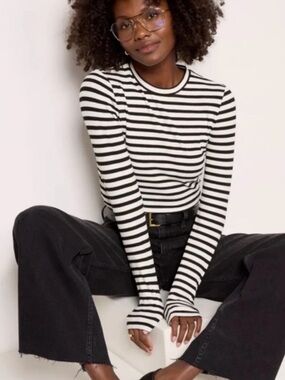 LNA Black & White Striped Ribbed Long-Sleeve Crewneck